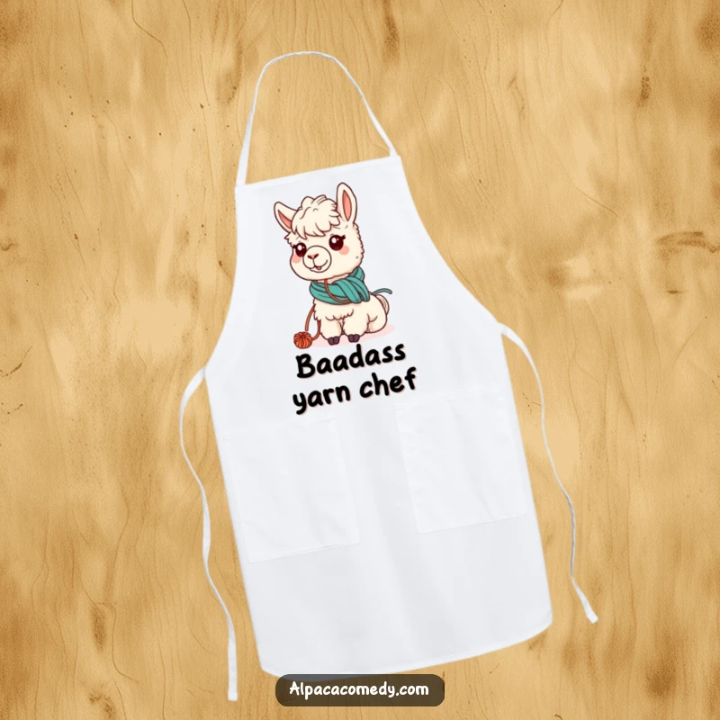 Funny apron design with a kawaii alpaca humorously tangled in yarn while grazing, perfect for protecting clothes with style and humor.