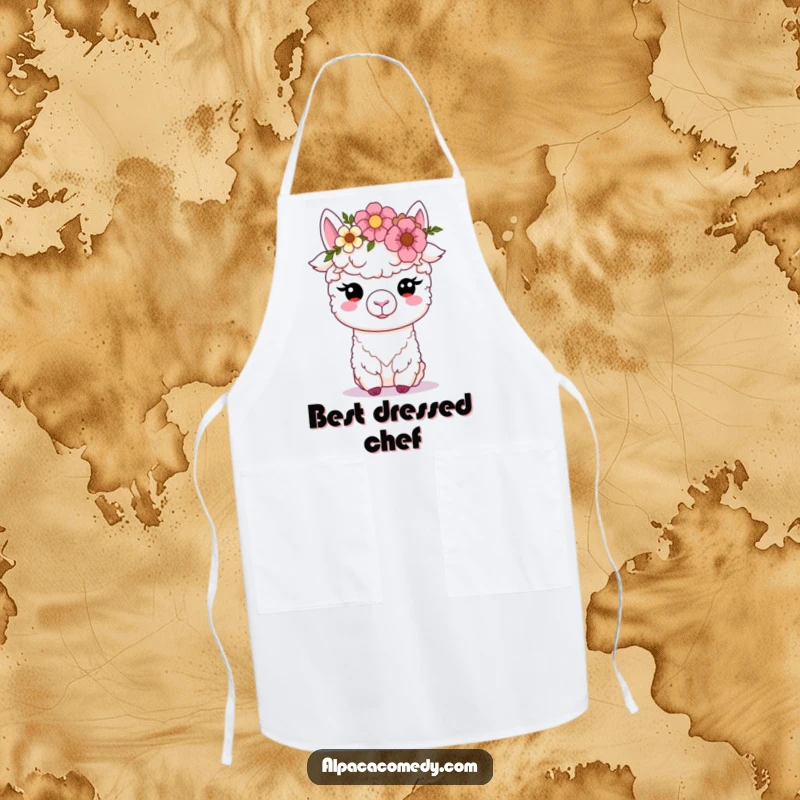Funny Kawaii alpaca apron, happily balancing a flower crown, soft eyes looking gentle, ideal for adding charm to kitchen or garden tasks.
