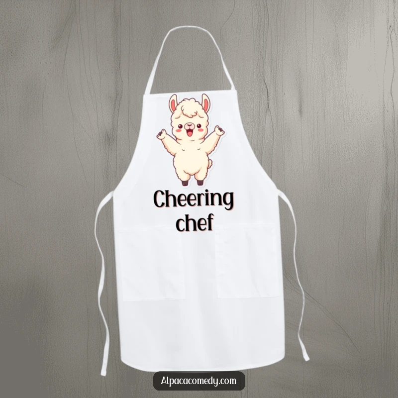 Funny apron with an alpaca character cheering with both front legs raised, perfect for a spirited cook or baker.