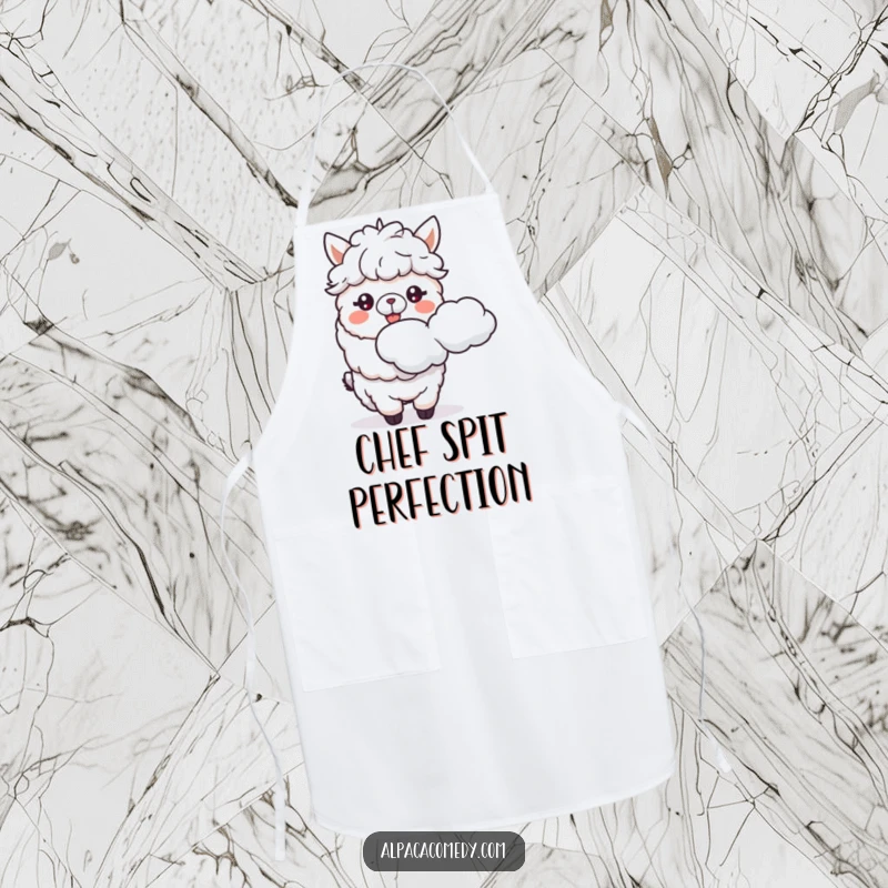 Funny apron with a cheerful alpaca spitting a cloud, designed for kitchen fun and protecting clothes with humor.