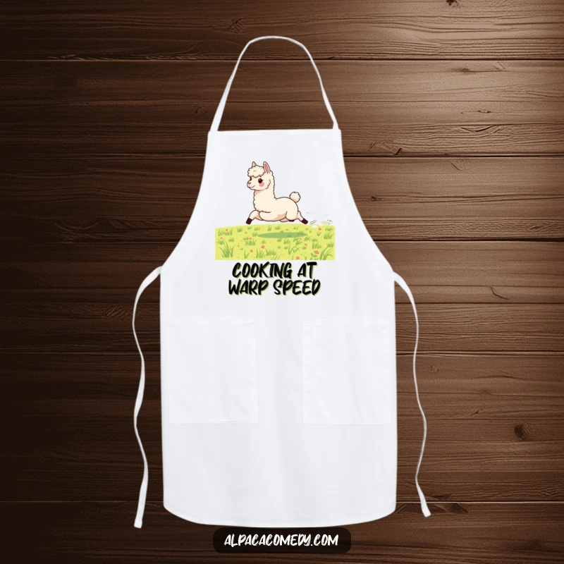 Funny apron showing an energetic alpaca galloping fast across a meadow, bringing speed and fun to kitchen chores and cooking.