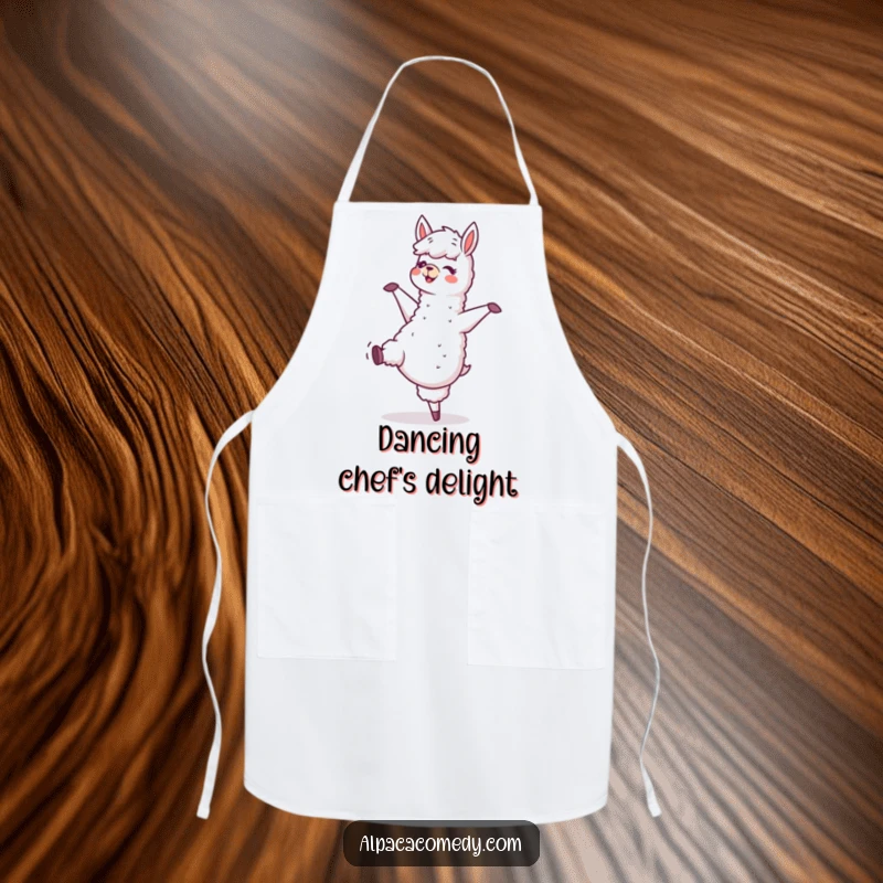 Funny apron showcasing a happy alpaca character dancing while cooking, hooves tapping, adding a fun and festive vibe to kitchen activities.