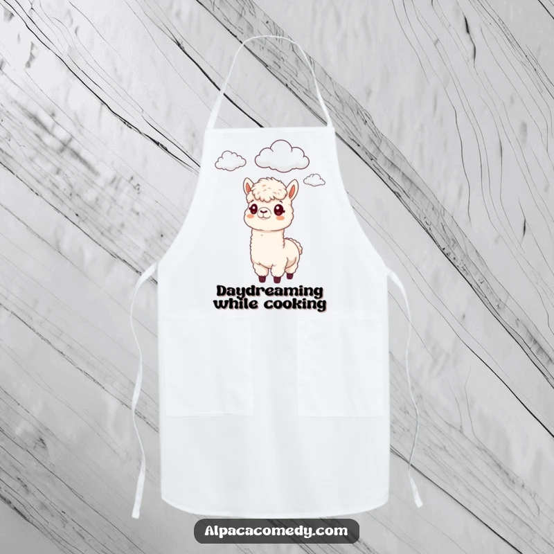Funny Alpaca Apron: An alpaca with a funny, curious look at the clouds, ready for a dreamy cooking session.