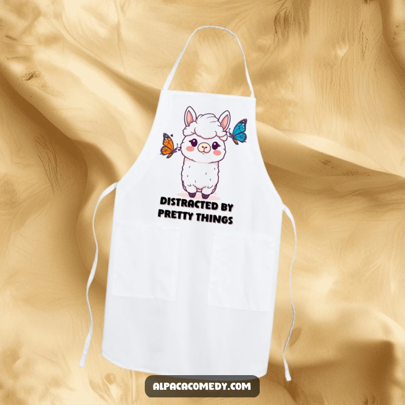 Funny Alpaca Apron: An alpaca with a funny, surprised look at a butterfly, ready for a delightful cooking adventure.