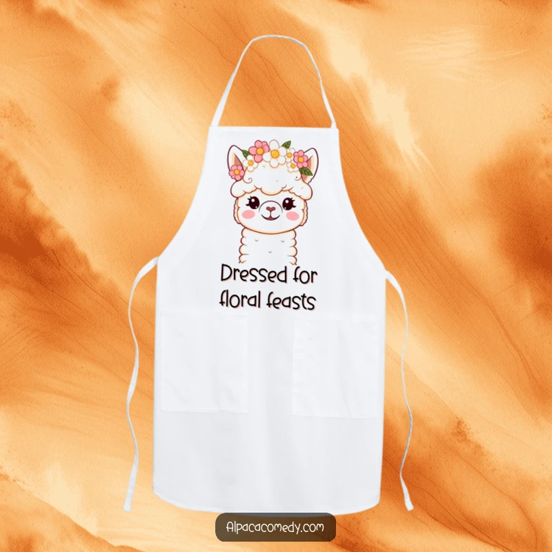 Funny Apron: Adorable kawaii alpaca with a flower crown, cooking with gentle grace and adding a touch of charm.