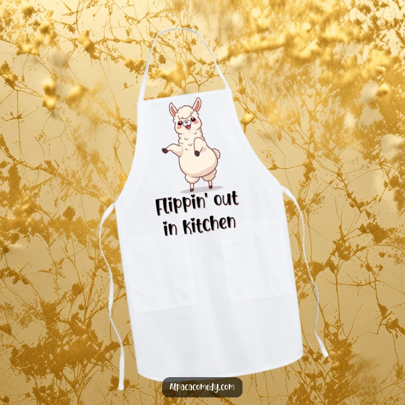 Funny Alpaca Apron: A cheerful alpaca mid-cartwheel with legs kicking joyfully upwards, ideal for a fun and humorous cooking experience.