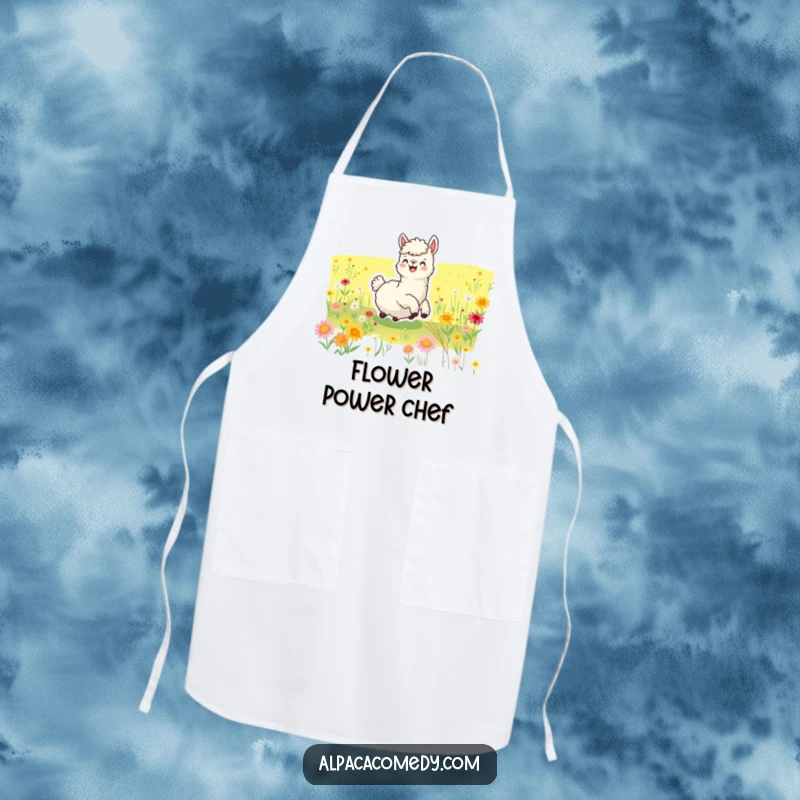 Funny apron showing a joyful alpaca rolling happily in a sunny wildflower meadow, bringing cheer to cooking and baking tasks.