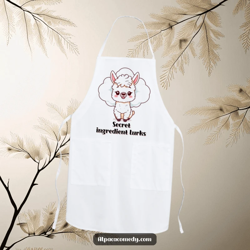 Funny Alpaca Apron: A mischievous alpaca hides behind a cloud, peeking out playfully while protecting your clothes during cooking.