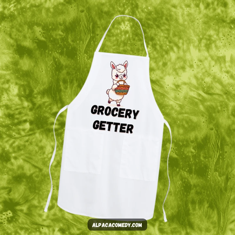 Funny kitchen apron with a cheerful alpaca character holding a vibrant woven basket, perfect for adding whimsy to cooking sessions.