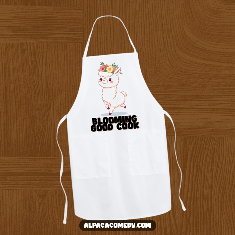 Funny apron design with a fluffy alpaca wearing a flower crown, captured in a happy, prancing stance, ideal for kitchen fun.