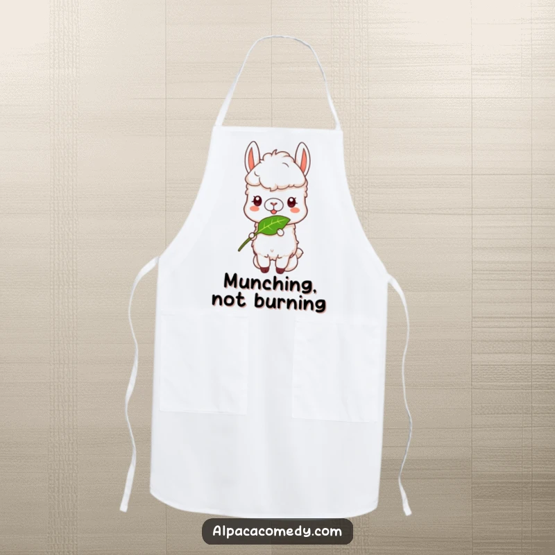 Funny Alpaca Apron: A content alpaca with a funny, happy face, enjoying a delicious leaf while cooking.