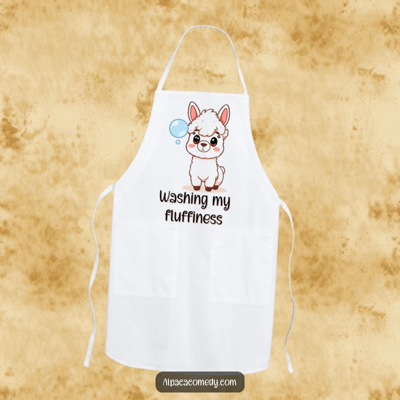 Funny apron featuring a startled alpaca’s wide-eyed expression, surprised by a floating soap bubble, ideal for cooking enthusiasts.