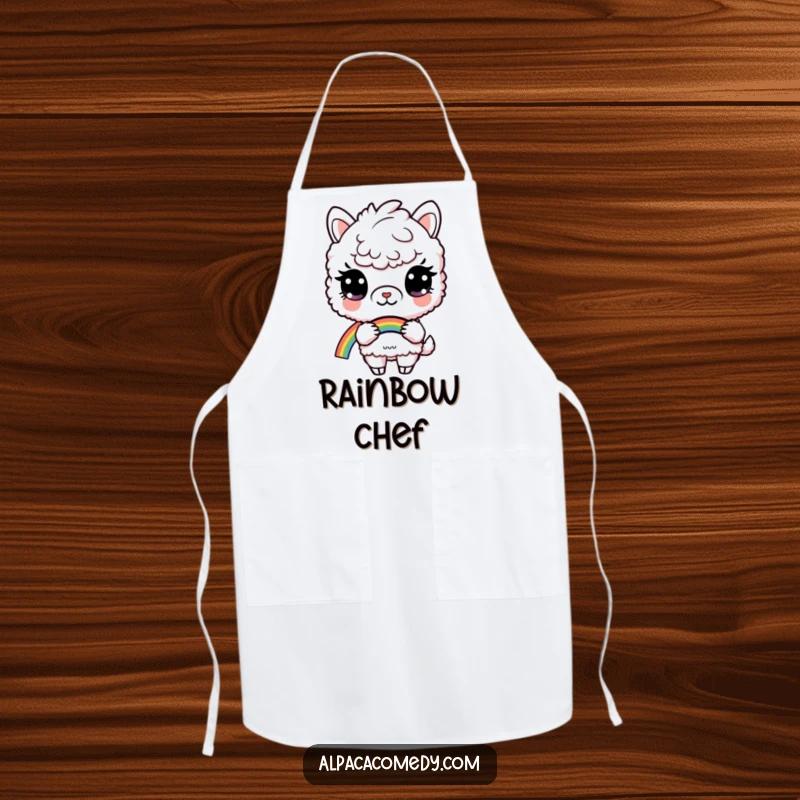 Funny apron with a curious alpaca holding a colorful rainbow, designed for kitchen fun and adding magical charm.