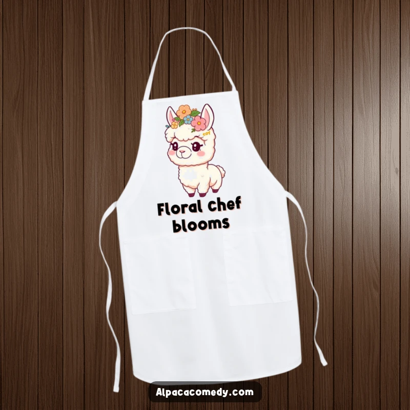 Funny apron with a playful alpaca wearing a flower crown, designed for kitchen style and cute, floral humor.