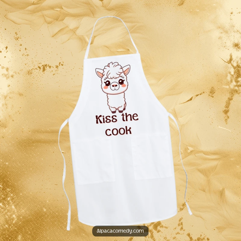Funny apron showing a friendly alpaca giving a gentle nuzzle with its snout, bringing warmth and kindness to kitchen activities.