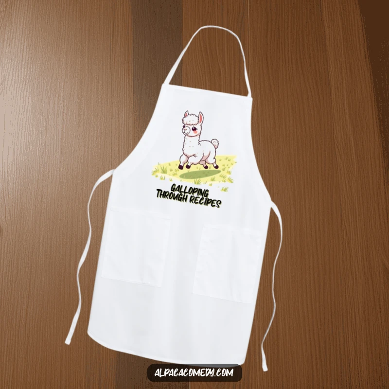 Funny alpaca with windblown fleece in a galloping pose, featured on a kitchen apron for humorous cooking sessions.