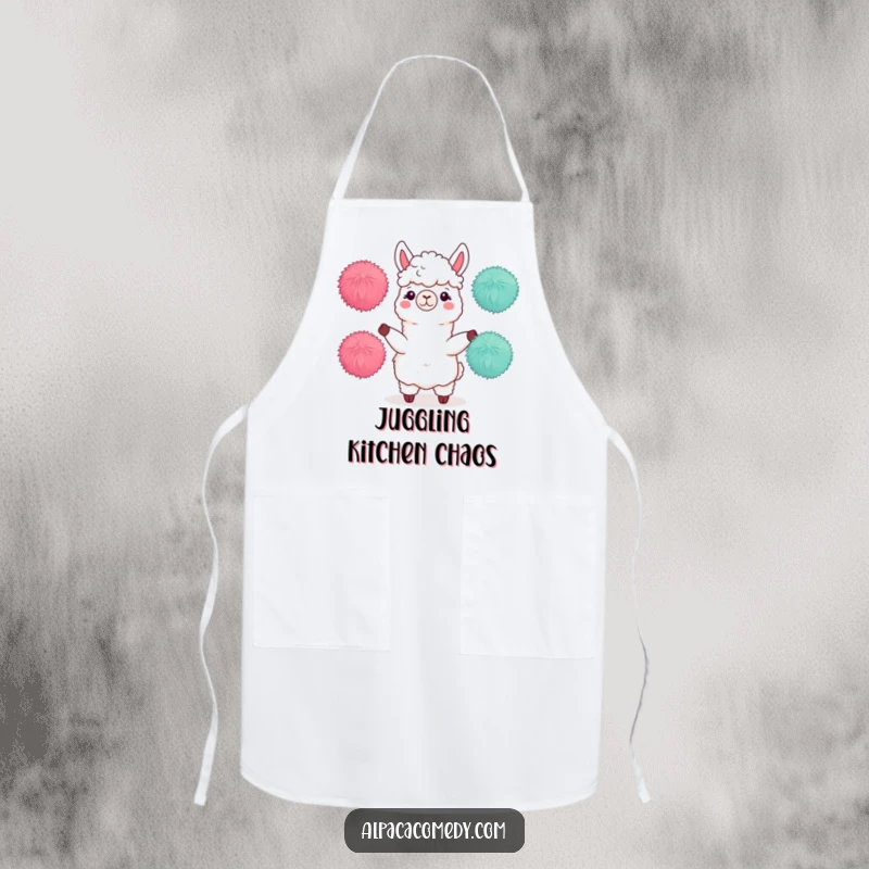 Funny apron with an alpaca character demonstrating juggling skills with three fuzzy pom-poms, perfect for a dexterous cook.