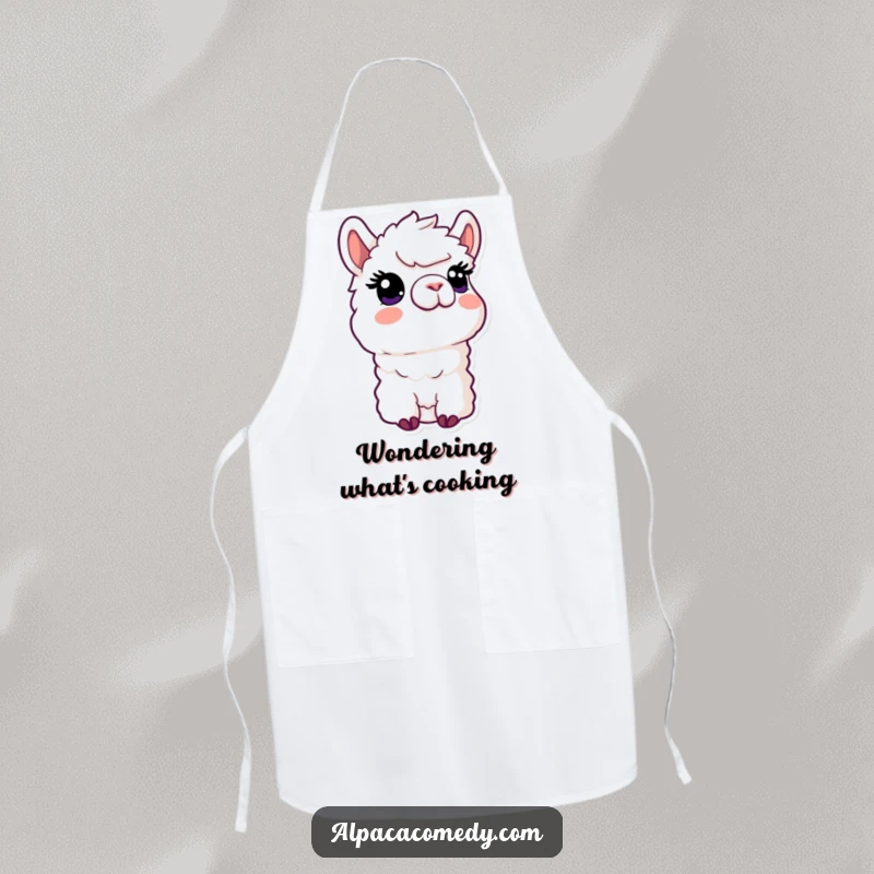 Funny Kawaii Alpaca Apron featuring an alpaca with a curious expression looking upwards, perfect for adding humor to cooking.