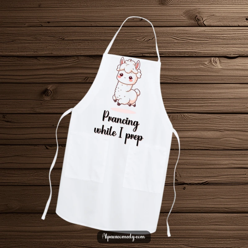 Funny Kawaii Alpaca Apron featuring a fluffy-maned alpaca in a playful prance, perfect for adding humor to kitchen duties.
