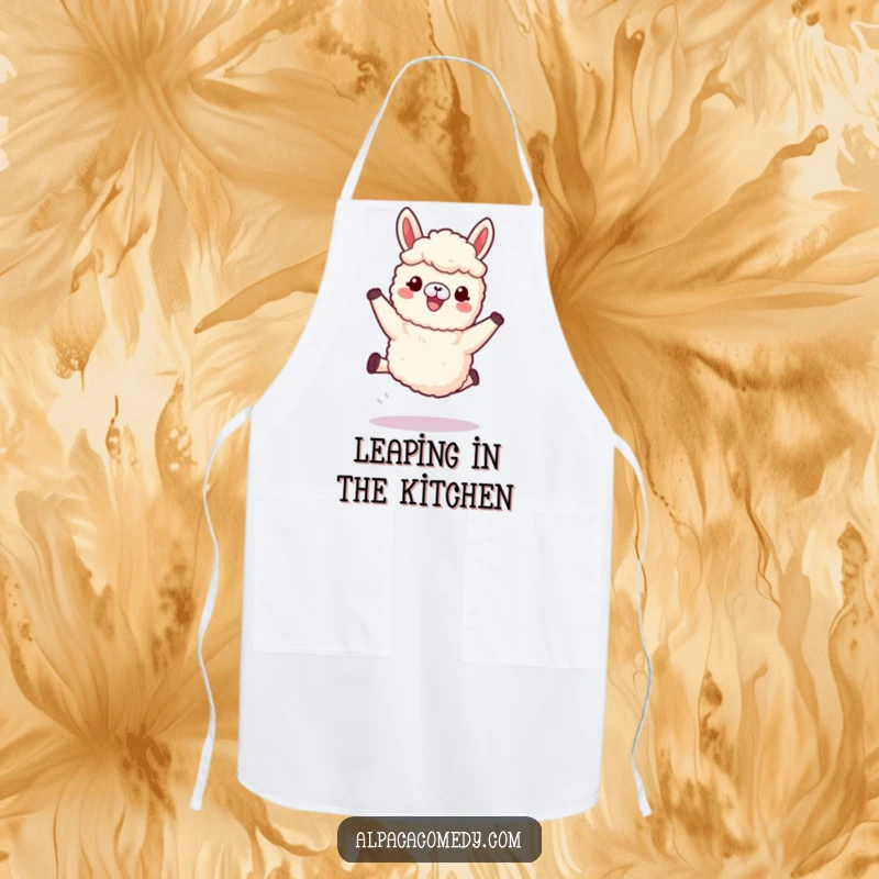 Funny Kawaii Alpaca Apron featuring an alpaca joyfully leaping with soft, woolly legs, perfect for adding humor to cooking.