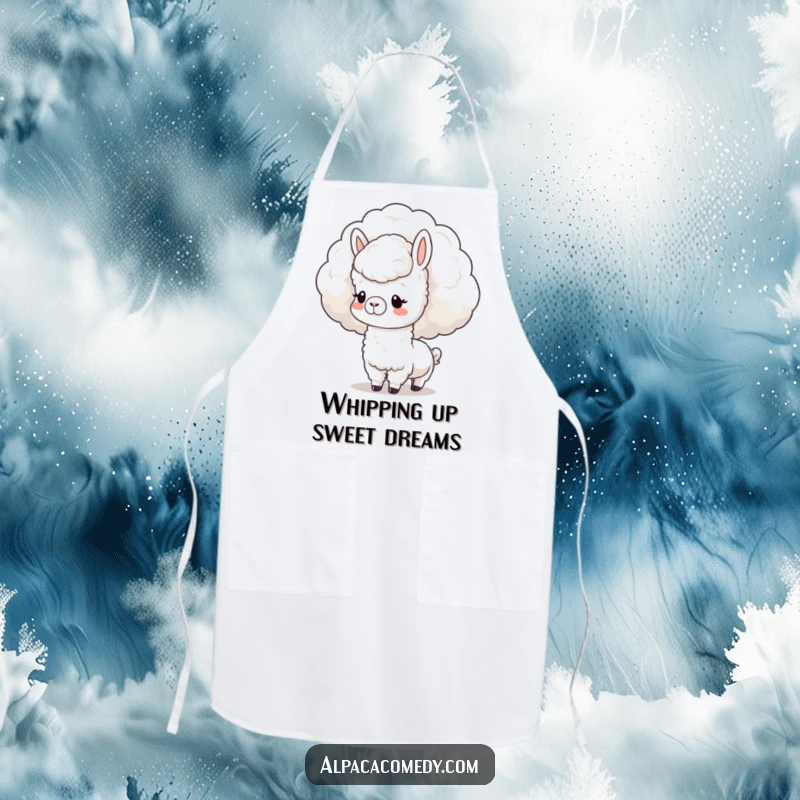 Funny Apron: Adorable kawaii alpaca nuzzling a cloud, bringing gentle charm and dreamy vibes to the kitchen.