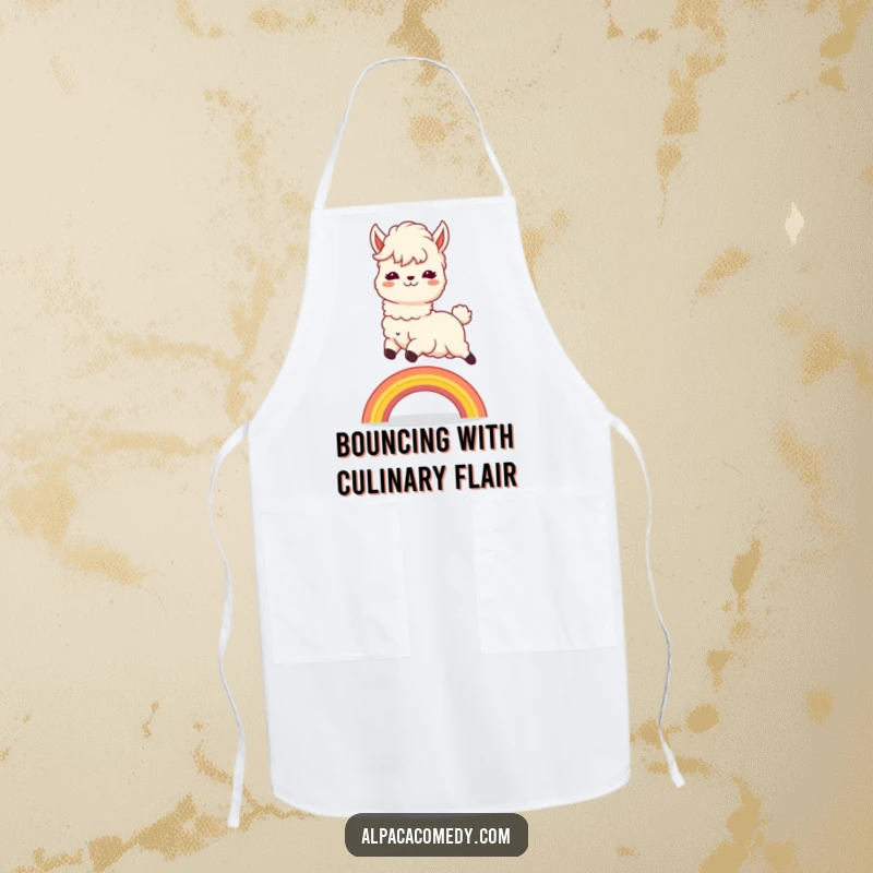 Funny Apron: Adorable kawaii alpaca leaping over a rainbow while cooking, adding cheerful energy to the kitchen.