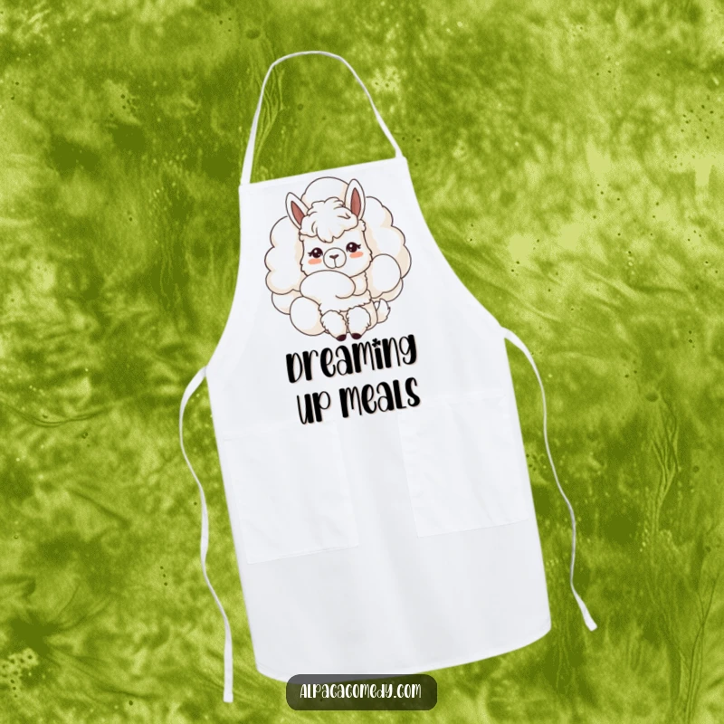 Funny Kawaii alpaca apron, curiously nuzzling a fluffy cloud, gentle expression adding a touch of whimsy to culinary adventures.