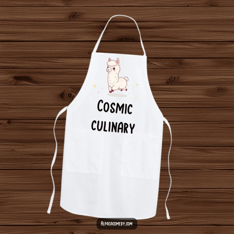 Funny Kawaii Alpaca Apron, showing a cute alpaca happily skipping through a field of sparkling, tiny stars.