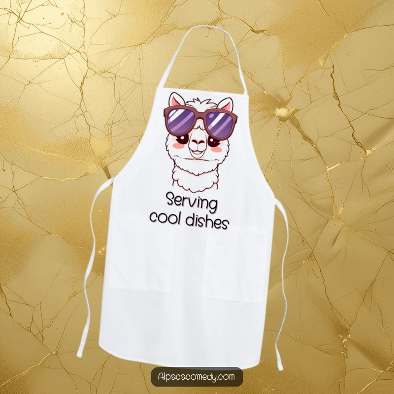 Funny Kawaii Alpaca Apron showing a happy alpaca wearing cool oversized sunglasses, perfect for adding a humorous and stylish flair to cooking.