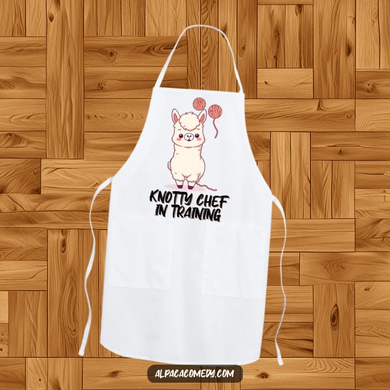 Funny Kawaii Alpaca Apron showing a playful alpaca tossing yarn, perfect for humorous and delightful cooking sessions.