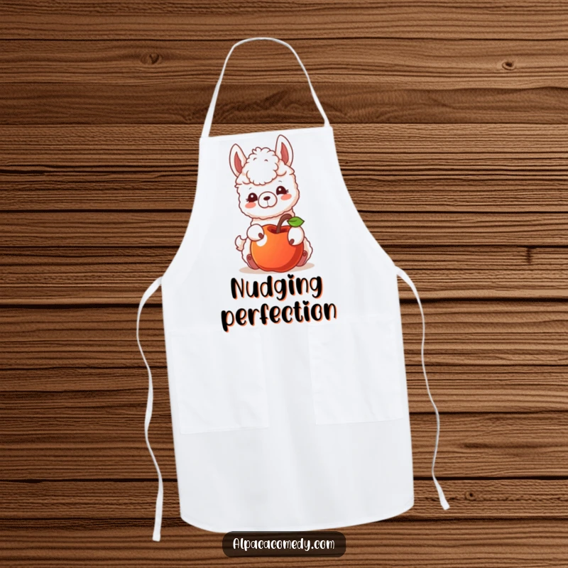 Funny apron with an alpaca character playfully nudging a rolling apple, perfect for a curious and gentle kitchen enthusiast.