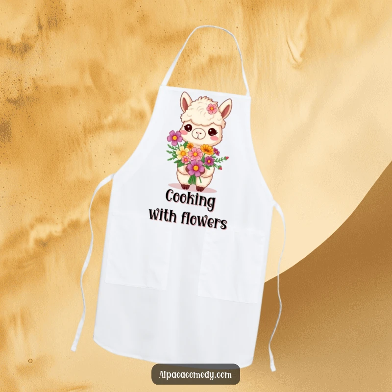 Funny smiling alpaca holding a bouquet of vibrant flowers, featured on a kitchen apron for a humorous cooking accessory.