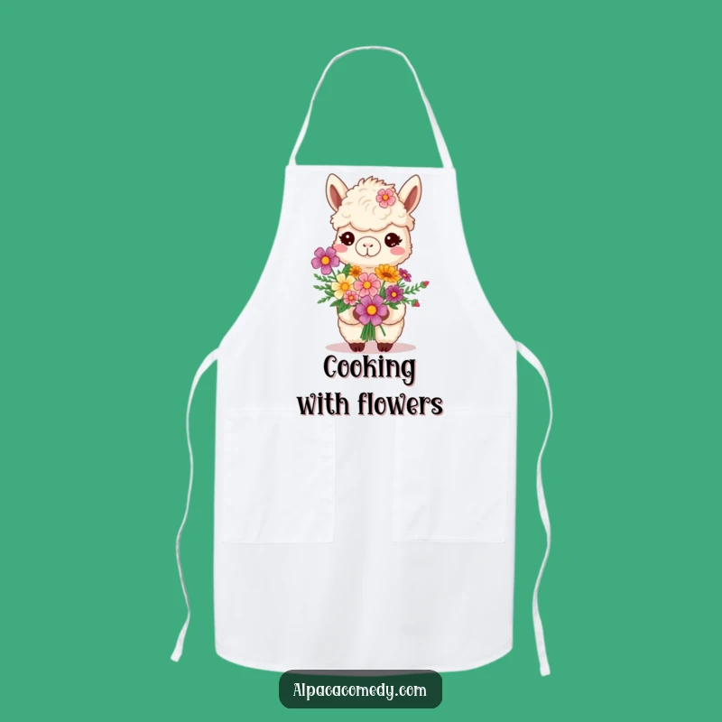 Funny Smiling Alpaca Apron - Flower Bouquet Kitchen Fun