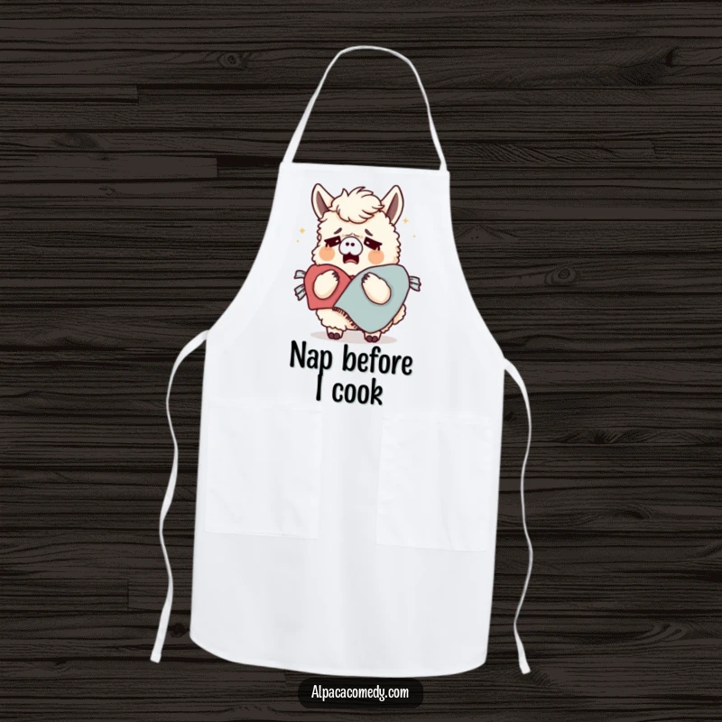 Funny apron featuring a tired alpaca yawning widely while holding a cozy blanket, bringing a touch of sleepy humor to the kitchen.