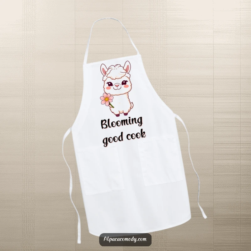 Funny apron showing a winking alpaca character offering a bloom with a gentle smile, ready for kitchen charm.