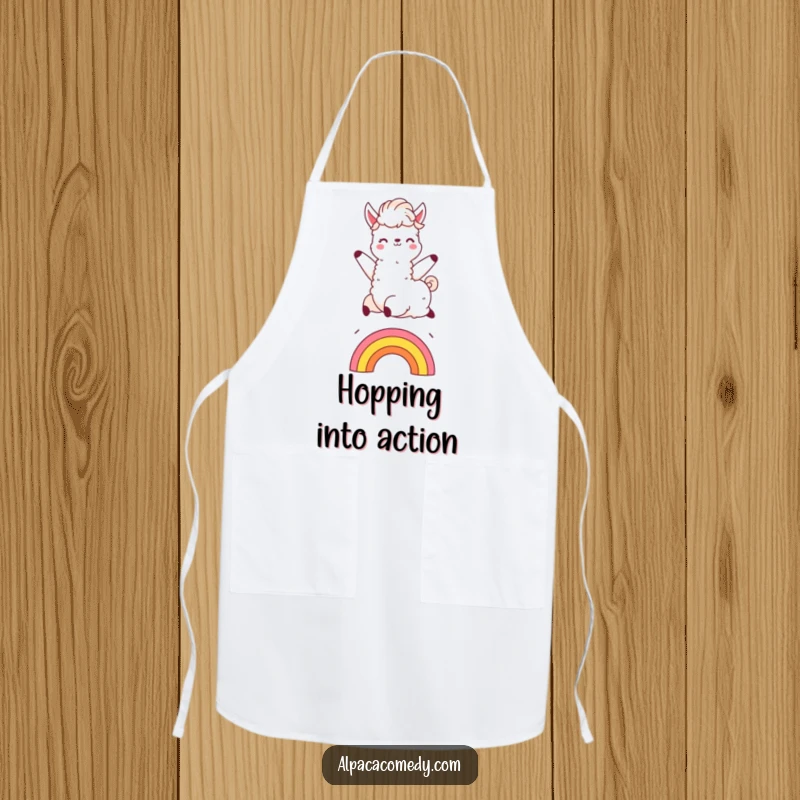 Funny Kawaii alpaca apron, shown mid-leap over a rainbow, with a fluffy mane flying, adding a playful touch to kitchen duties.