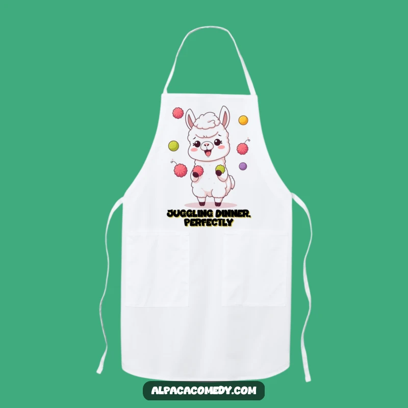 Funny Juggling Alpaca Apron: Giggling Character, Colorful Pompoms, Kitchen Gift