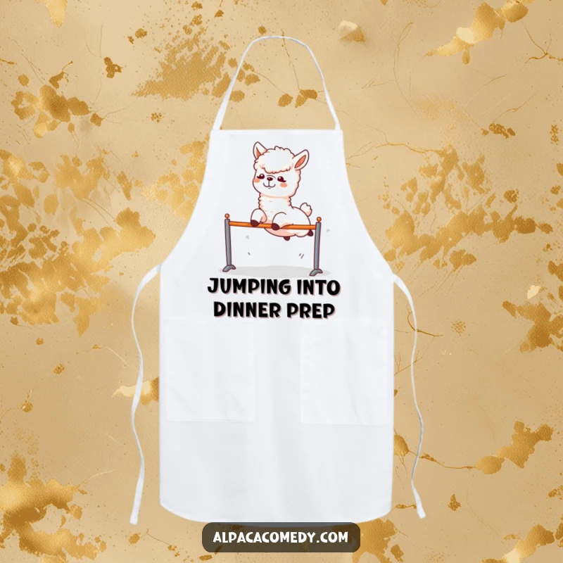 Funny Alpaca Apron: An alpaca enthusiastically leaping over a hurdle, ready for a funny kitchen challenge.