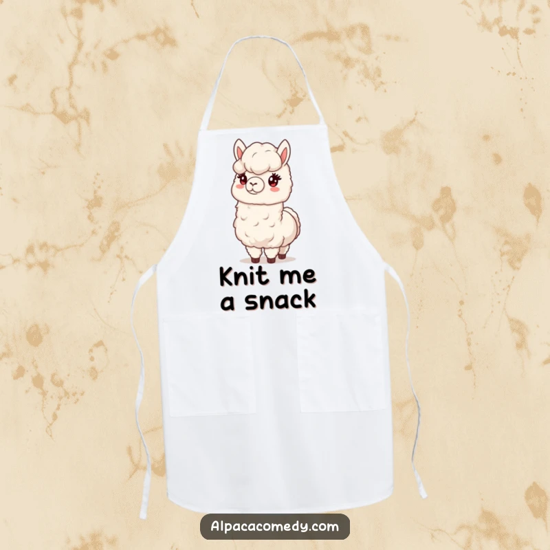 Funny apron showing a friendly alpaca offering a fluffy bunch of its soft wool, ideal for kitchen enthusiasts.