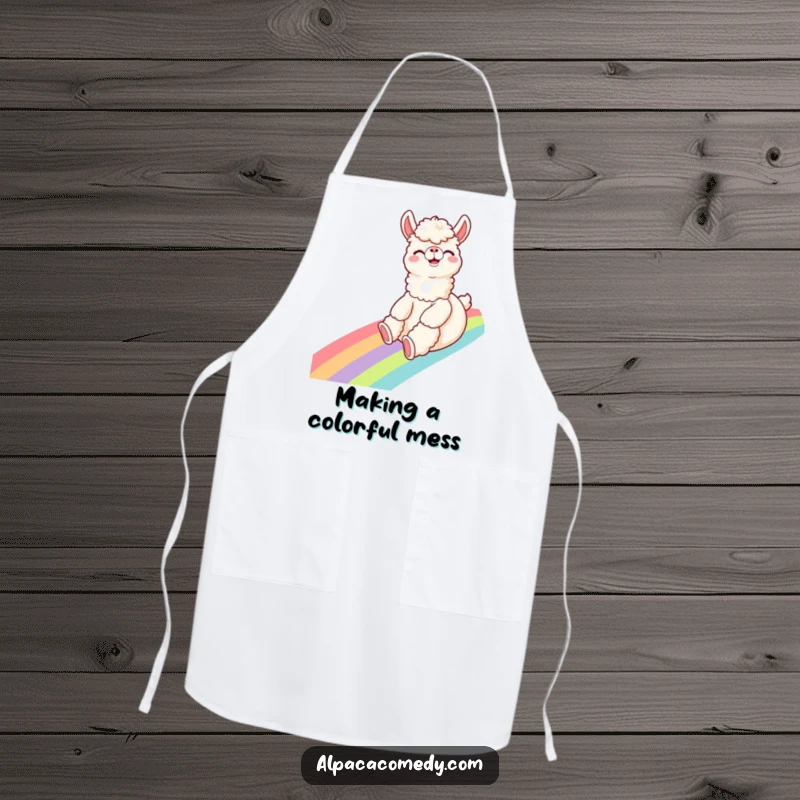 Funny Alpaca Apron: A giggling alpaca sliding down a rainbow with excitement, designed for a fun and humorous cooking experience.