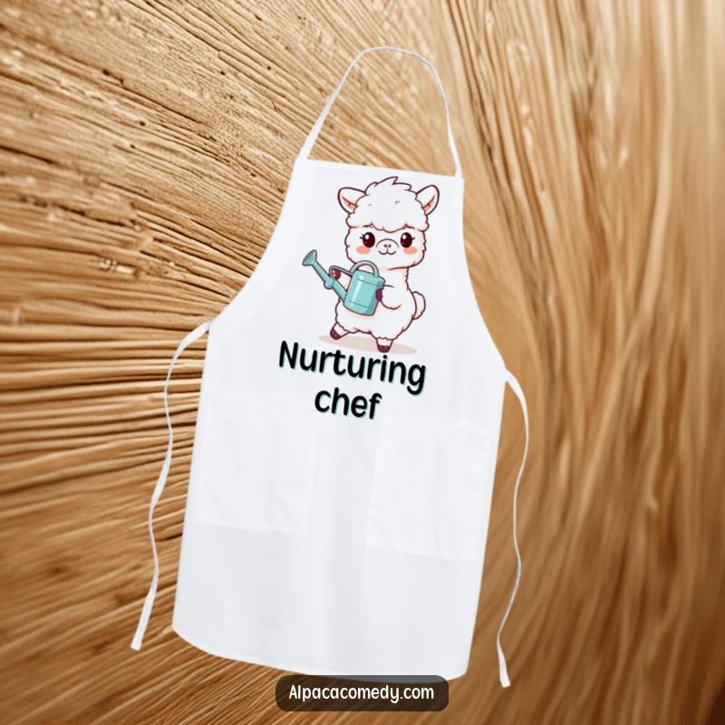 Funny apron with a grinning alpaca character carrying a tiny watering can, perfect for a dedicated gardener or plant parent.