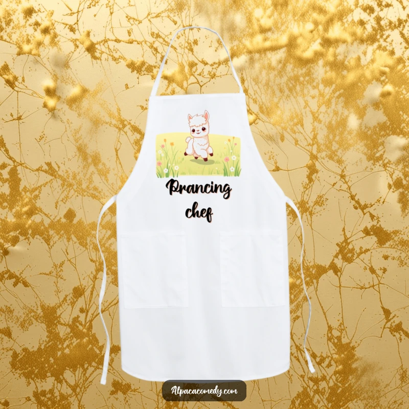 Funny apron featuring a happy baby alpaca prancing through a meadow, designed for kitchen fun and adding cuteness.