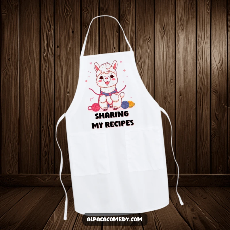 Funny Kawaii alpaca apron, enthusiastically sharing colorful yarn with friends, warm smile spreading cheer during culinary activities.