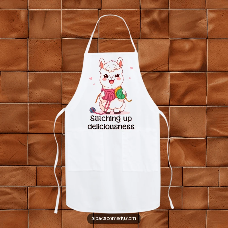 Funny Apron: Adorable kawaii alpaca with a warm smile, sharing yarn while cooking, adding cheer to the kitchen.