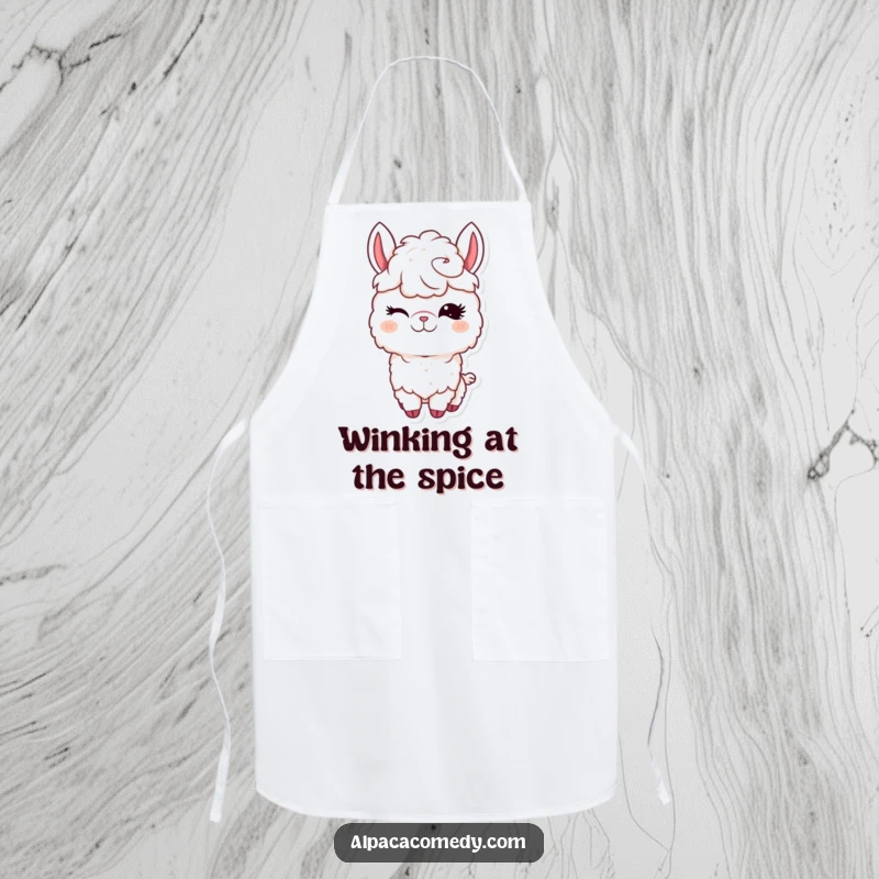 Funny Kawaii Alpaca Apron featuring a cute alpaca winking with long eyelashes, perfect for adding humor to cooking.