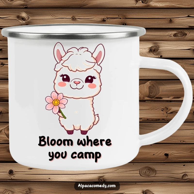 Funny camping mug featuring a winking alpaca character offering a bloom with a gentle smile, ready for peaceful adventures.