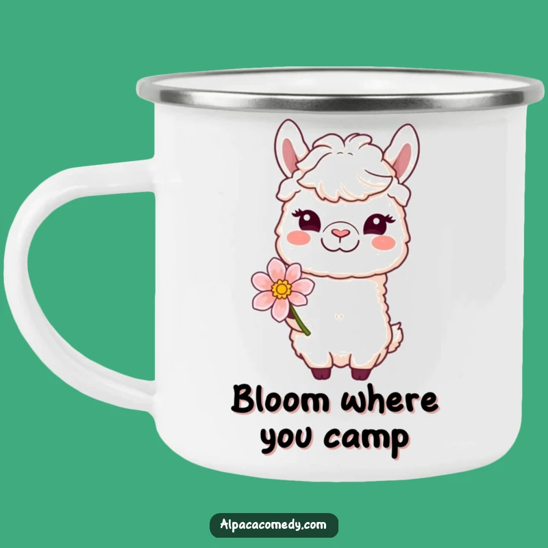 Funny Winking Alpaca Camping Mug: Gentle Character, Offering Bloom, Outdoor Gift