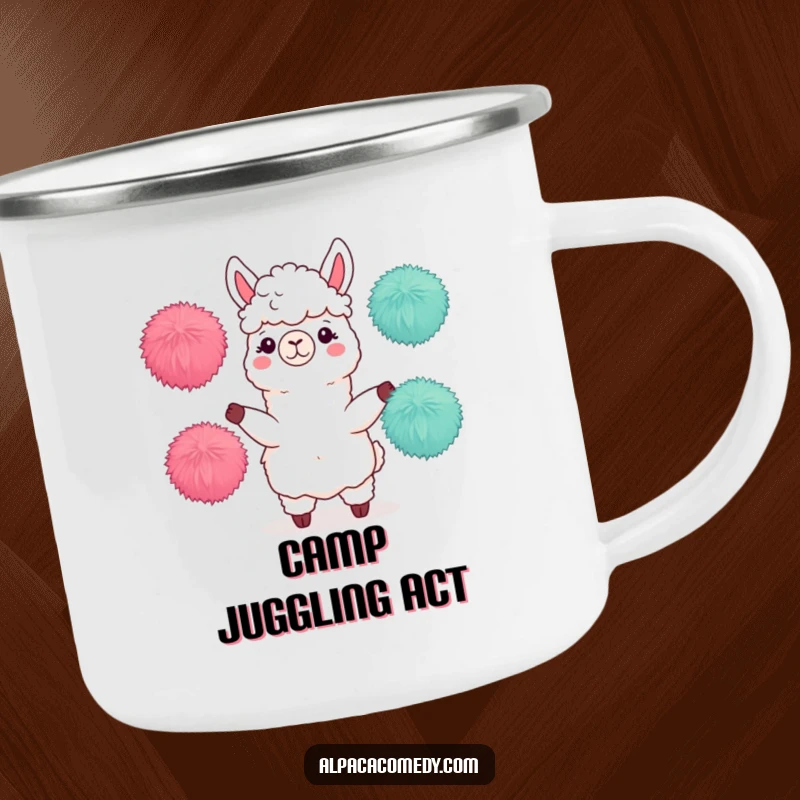 Funny camping mug featuring an alpaca character juggling three fuzzy pom-poms, bringing dexterity and cheer to any outdoor setting.
