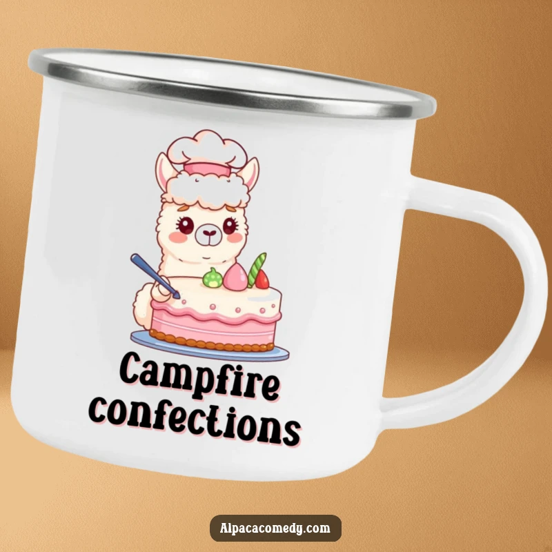 Funny camping mug with a chef alpaca hat character carefully decorating a pastel cake, perfect for enjoying drinks outdoors.