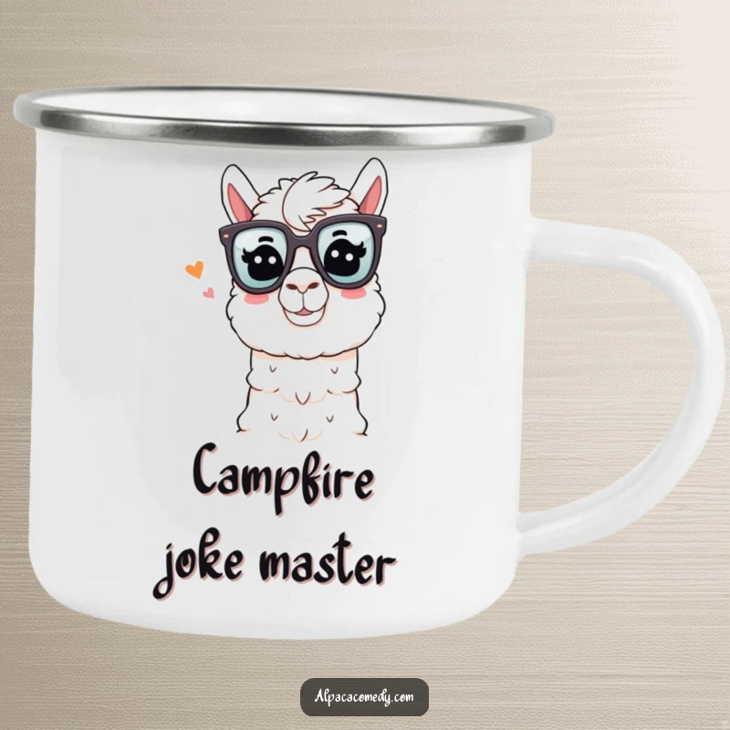 Funny Alpaca Camping Mug: An alpaca in comedy glasses winks playfully while telling a joke, perfect for humorous outdoor enjoyment.